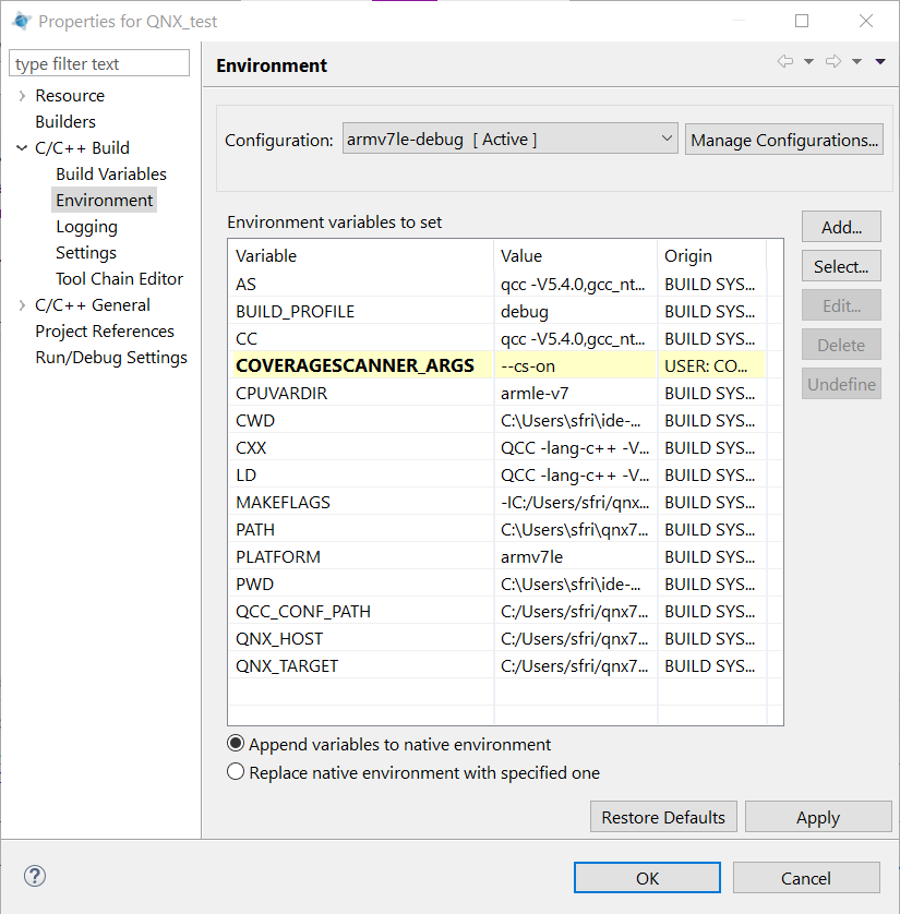 Project settings on Momentics IDE 7.0