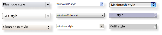 Nine combo boxes showing different styles