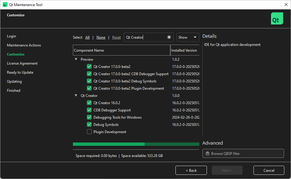Qt Creator installers filtered in Qt Online Installer