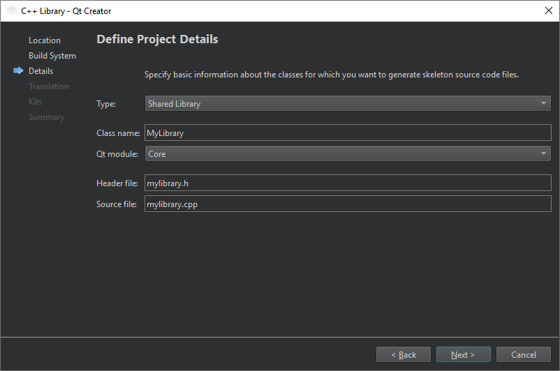 Define Project Details dialog