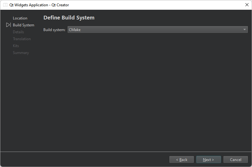 Define Build System dialog