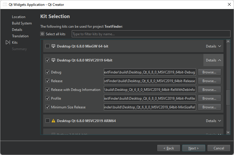 Kit Selection dialog