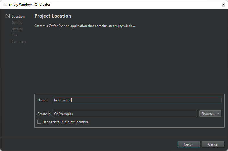 Project Location dialog