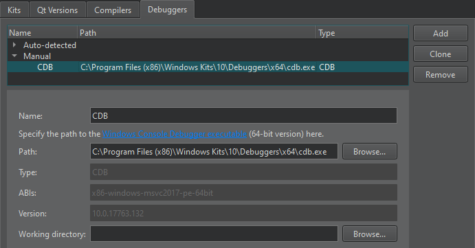 Debuggers tab in Kits preferences