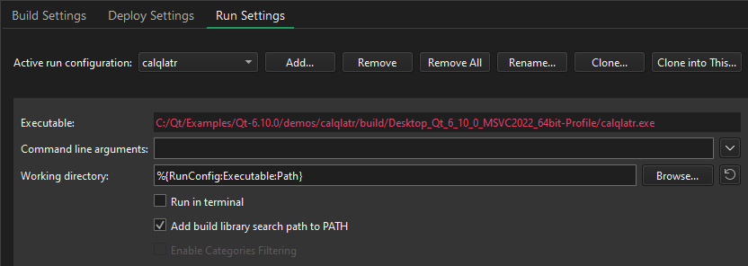 Run Settings in the Projects mode