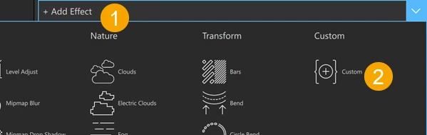 Adding a custom effect node to an effect in Effect Composer.