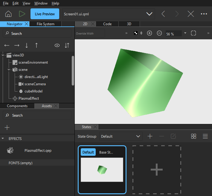 Qt Design Studio with a Qt Effect Maker effect applied.
