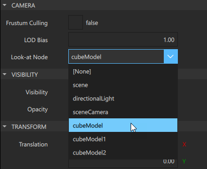 Selecting the Look-at-Node object in the Camera sections in the Properties view.