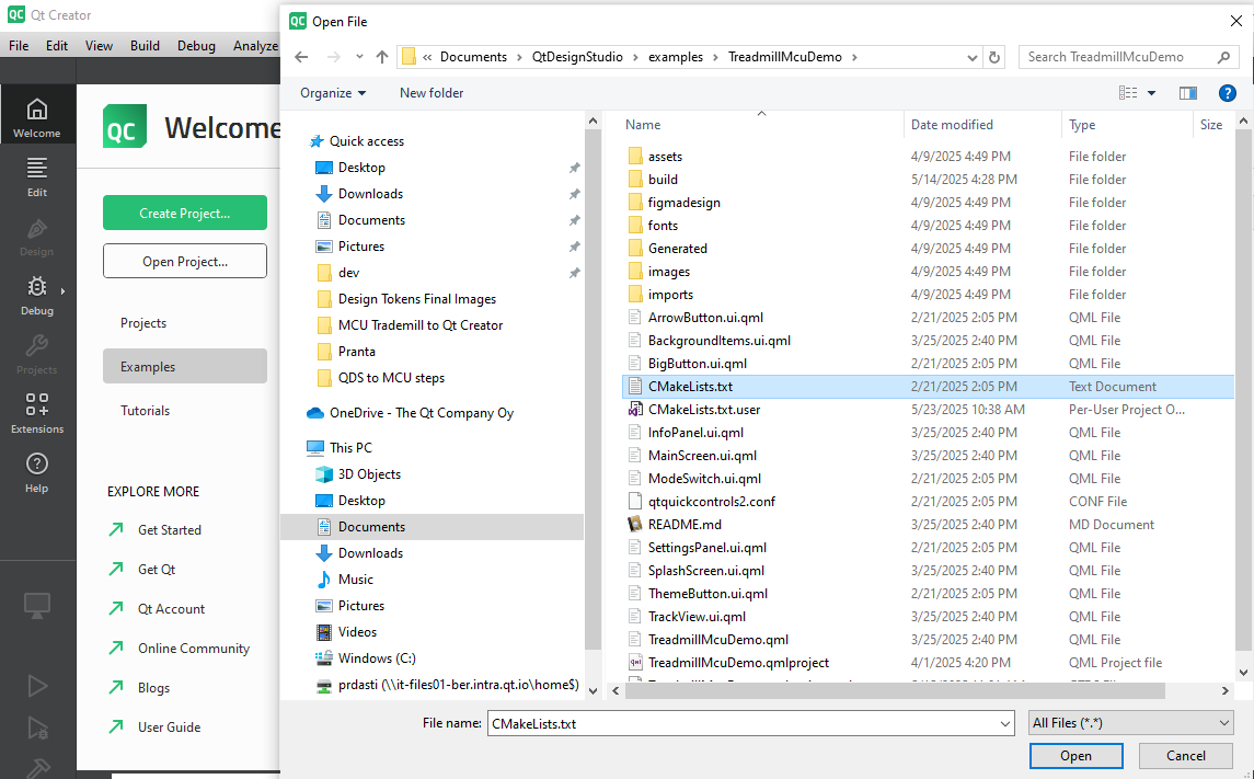 Opening CMakeLists file from Qt Creator.