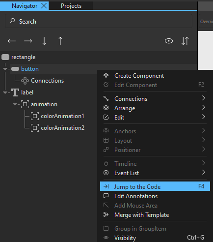 Selecting Jump to the Code from the context menu in the Navigator view.