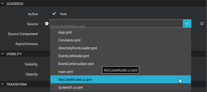 Setting the Loader3D Source setting in the Properties view.