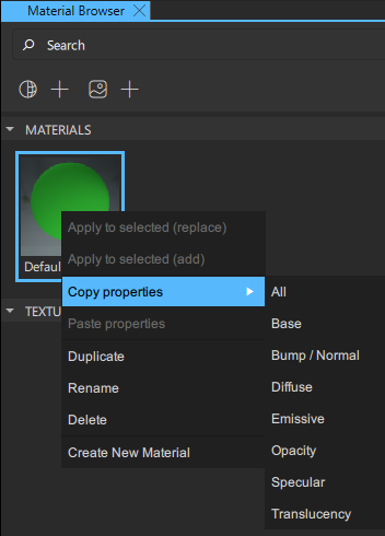 Copy material properties in Material Browser