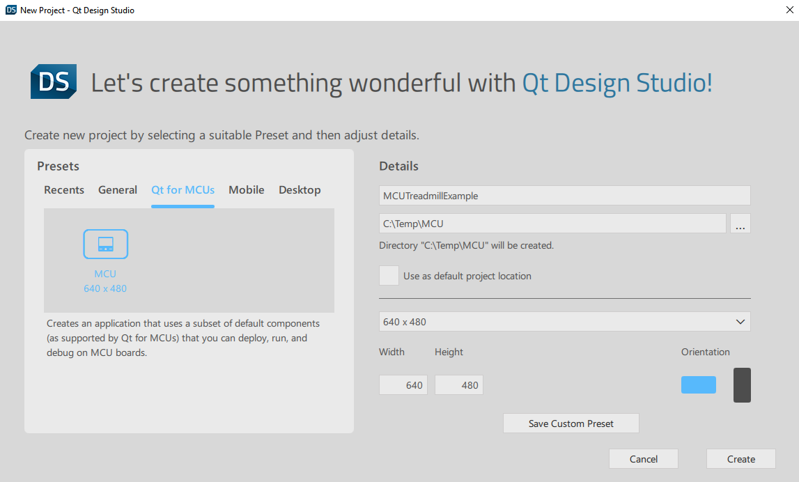Create new MCU project in Qt Design Studio.