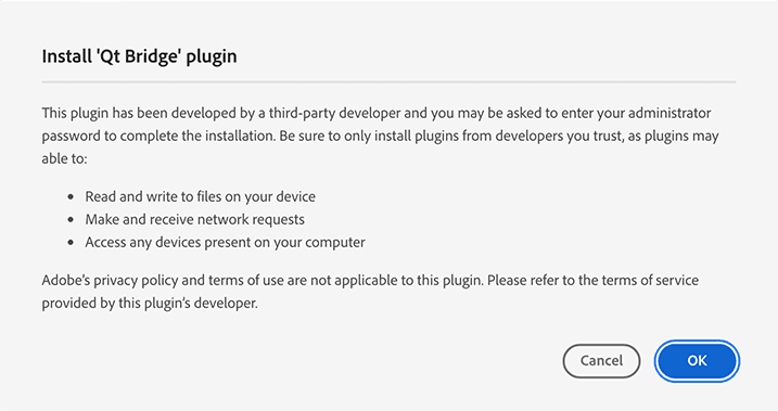 The Install Qt Bridge plugin warning dialog.