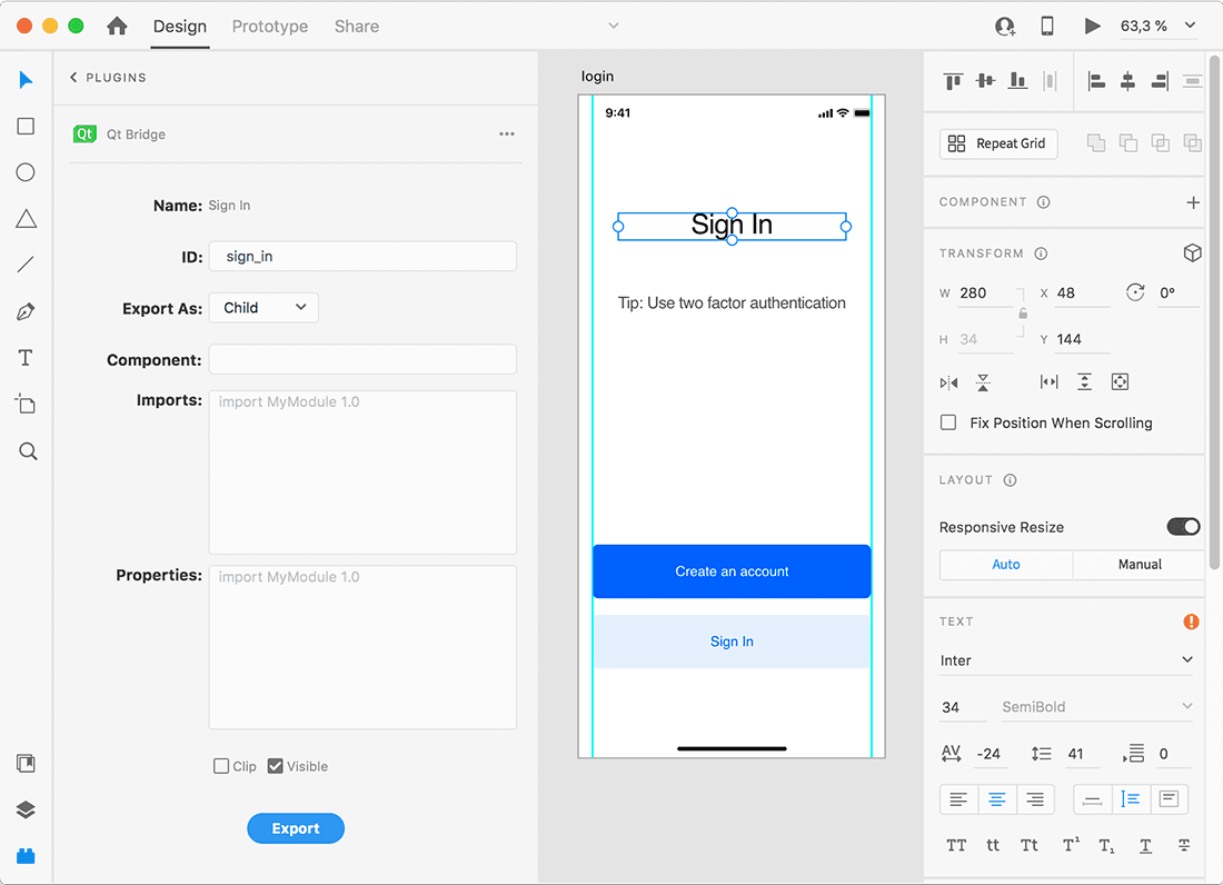 The Qt Bridge for Adobe XD open in Adobe XD.