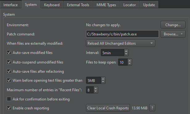 System tab in Environment preferences