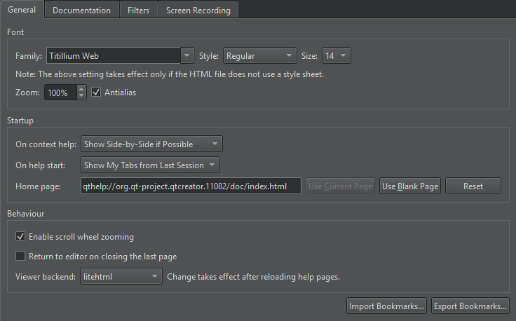 General tab in Help preferences