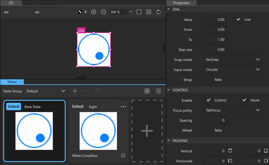 A stylable Dial component in the 2D view