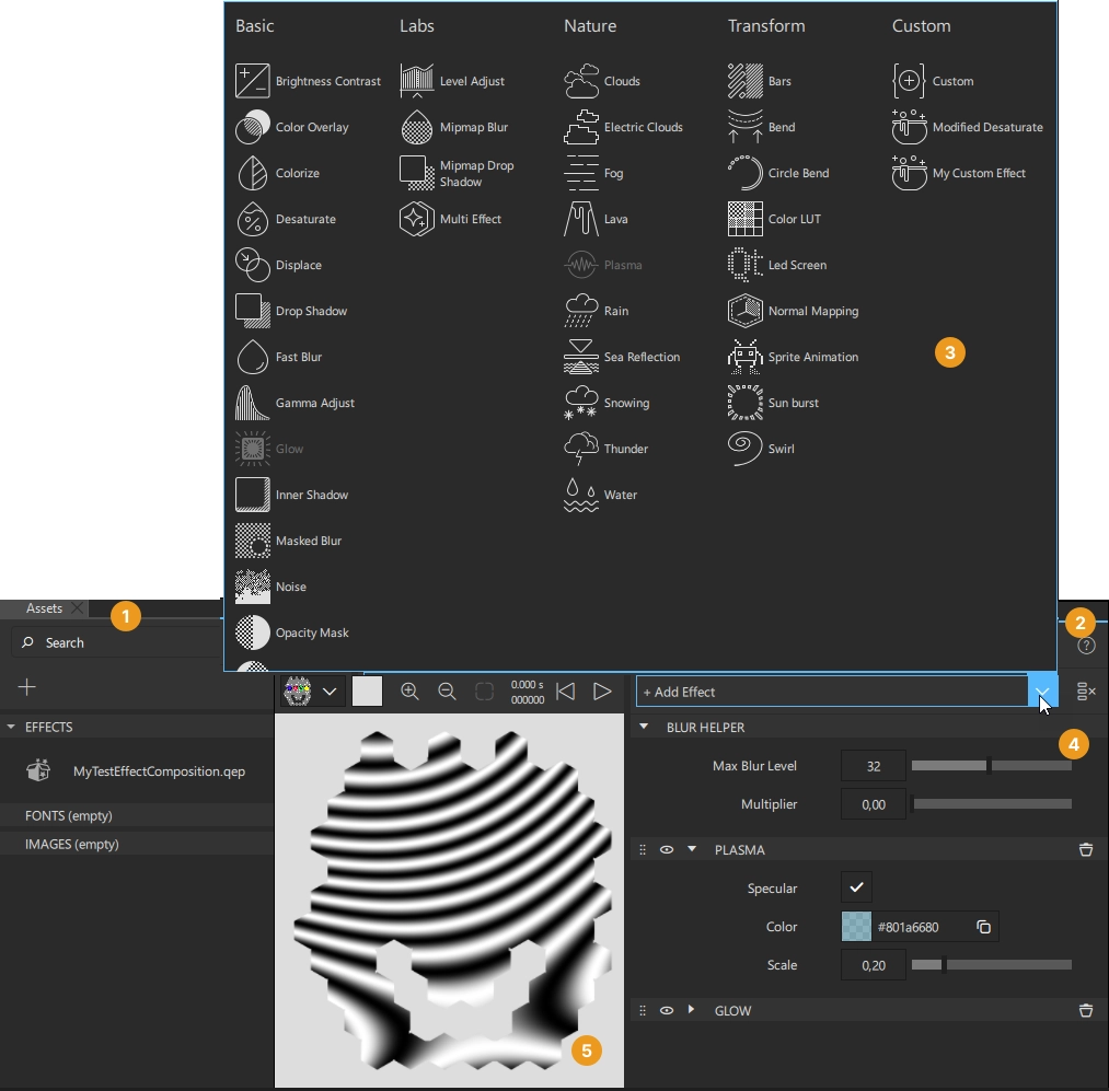 The Effect Composer view and the Assets view.