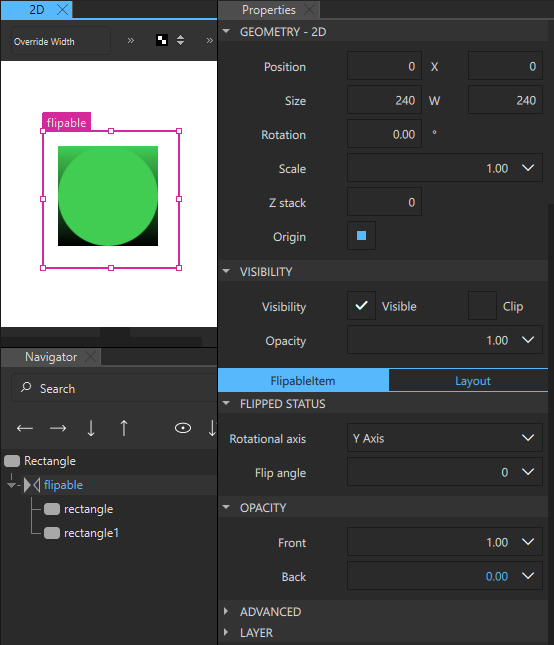 A Flipable in the 2D, Navigator, and Properties view.