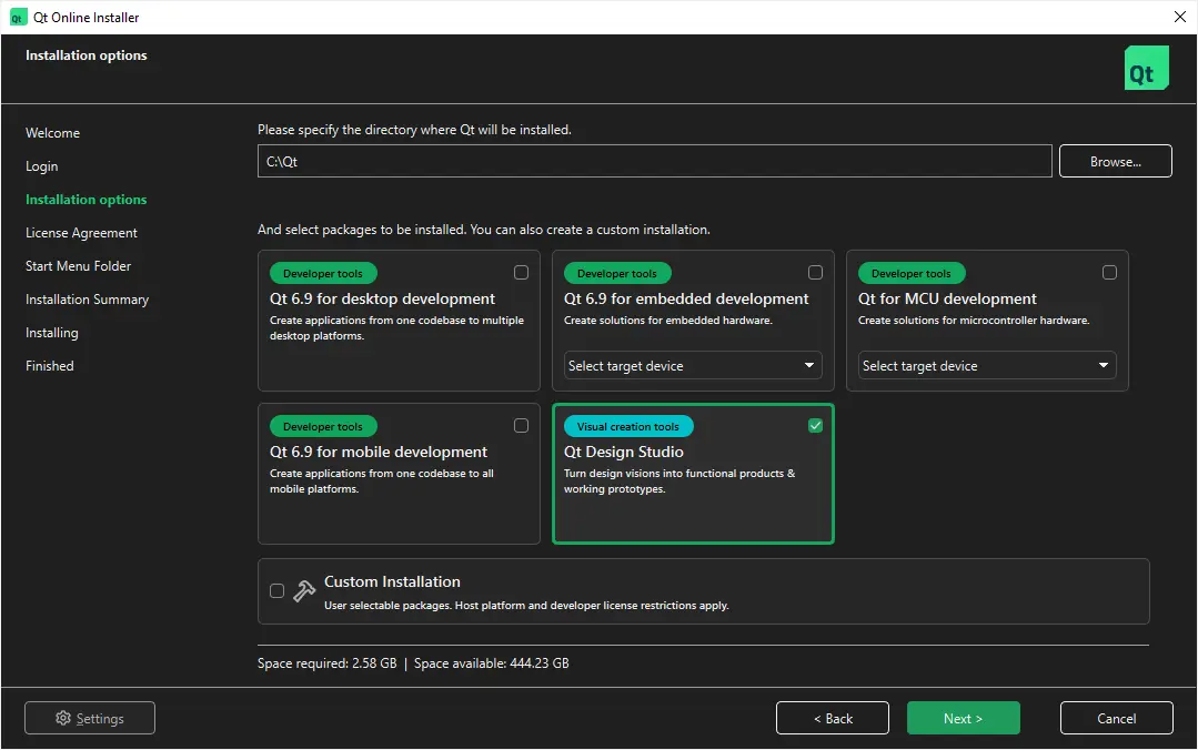 Qt Design Studio selected in Qt Online Installer