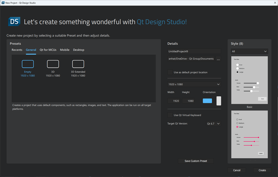 The Create Project wizard