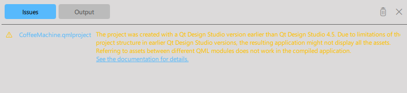 Example warning notification in the Output view.