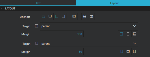 Setting the anchors and margins in the Layout tab of the Properties view.